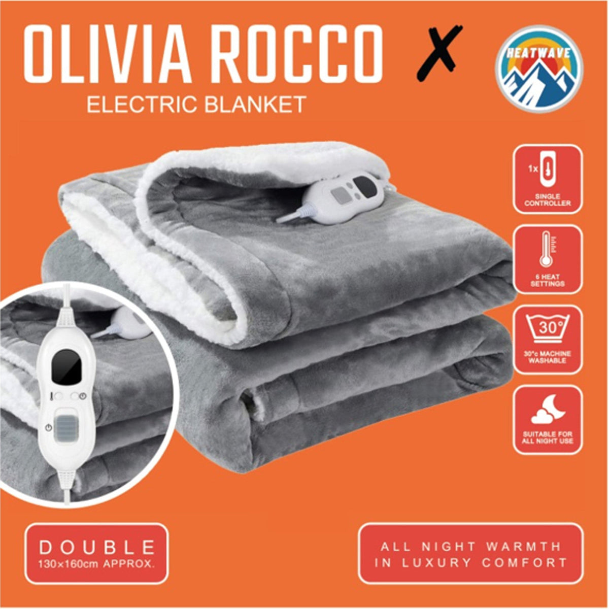 OLIVIA ROCCO Double Layer Electric Heated Throw Blanket Grey With Adjustable Heat