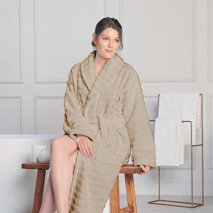 OLIVIA ROCCO Hydro Ribbed Ultra Soft 100% Cotton Hooded Bath Robe With Pockets And Belt